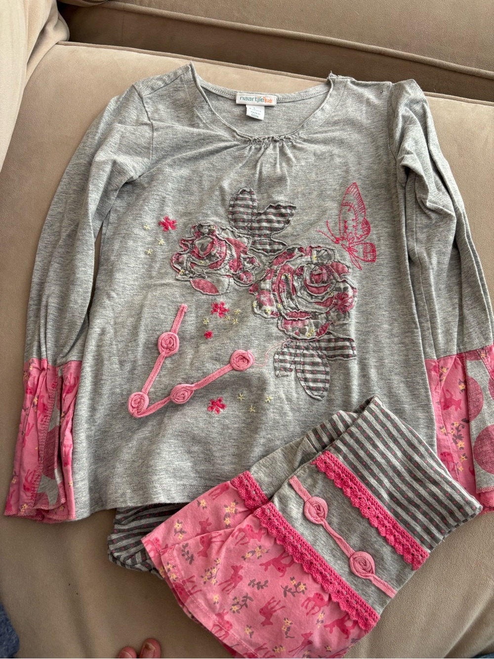 naartjie Gray & Pink Floral Long Sleeve with Striped Pants 3 piece